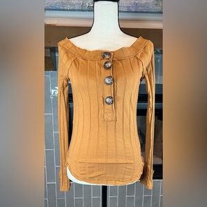#499 Free People We The Free Orange Fitted Ribbed Long Sleeve Button Up Tee XS
